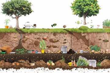 diagram detailing the composting process, from kitchen scraps to compost bin, and finally to nutrient-rich soil, highlighting the benefits of composting for reducing waste and enriching the earth. - 766034109