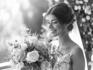 Radiant Bride in High-Key Monochrome, Bridal Caucasian Woman with flowers in Black and White Illustration. Generative AI.