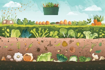 diagram detailing the composting process, from kitchen scraps to compost bin, and finally to nutrient-rich soil, highlighting the benefits of composting for reducing waste and enriching the earth. - 766034145