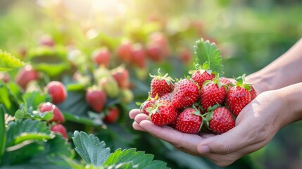 Fresh strawberries held in hand with blurred selection on background for text, copy space available - obrazy, fototapety, plakaty