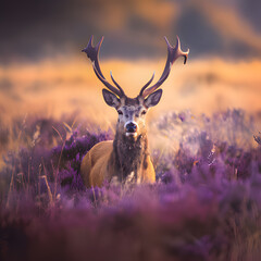 There is a deer with big horns where the purple grass grew. Generative AI