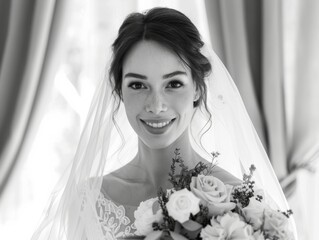 Radiant Bride in High-Key Monochrome, Bridal Caucasian Woman with flowers in Black and White Illustration. Generative AI.