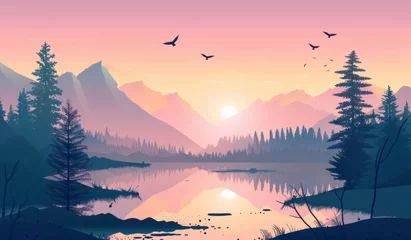 Selbstklebende Fototapete Hell-pink KS Beautiful vector landscape with forest mountains