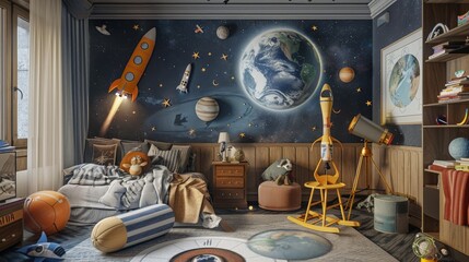 child's bedroom transformed into a space explorer's command center, complete with handmade rocket ships, planetary maps, and a telescope pointed at the stars, fueling dreams of cosmic adventure. - 766034900