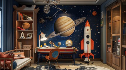 child's bedroom transformed into a space explorer's command center, complete with handmade rocket ships, planetary maps, and a telescope pointed at the stars, fueling dreams of cosmic adventure. - 766034934