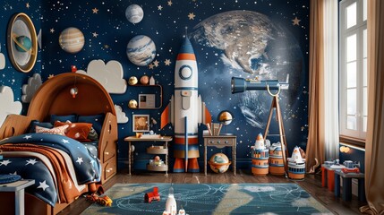 child's bedroom transformed into a space explorer's command center, complete with handmade rocket ships, planetary maps, and a telescope pointed at the stars, fueling dreams of cosmic adventure. - 766034968
