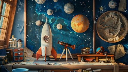 child's bedroom transformed into a space explorer's command center, complete with handmade rocket ships, planetary maps, and a telescope pointed at the stars, fueling dreams of cosmic adventure. - 766034969