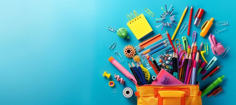 School bag essentials  stationery supplies banner design on blue background with copy space