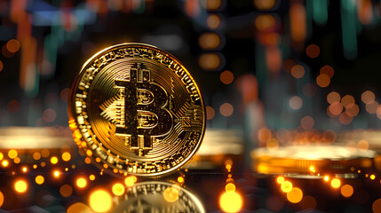 Bitcoin, investment, gold coins in front of trading chart