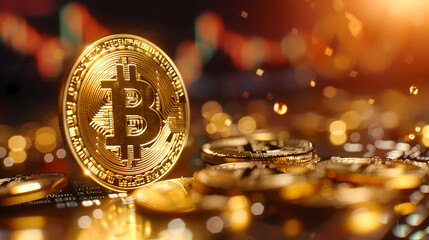 Bitcoin, investment, gold coins in front of trading chart