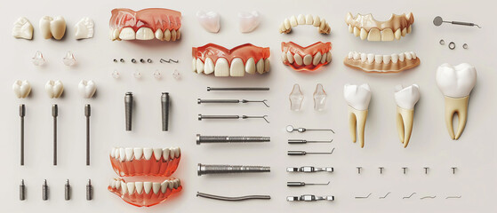 Diverse Range of Dental Prosthetics: An array of dental prosthetics like implants, crowns, and dentures, displayed on a pristine white background. - obrazy, fototapety, plakaty