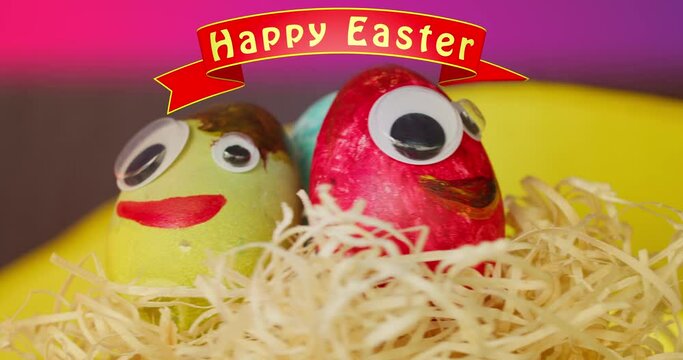 Three colorful, painted happy easter eggs rotating on the platform | grafic banner above " Happy Easter" | 4k video