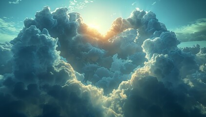 The sun is breaking through the cumulus clouds in the sky, creating a heartshaped formation in the...