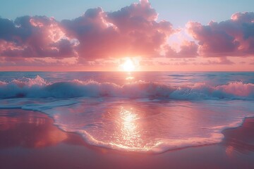 The sun is casting a warm afterglow over the ocean as the waves crash onto the beach, creating a stunning natural landscape against the colorful dusk sky - obrazy, fototapety, plakaty