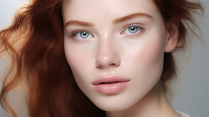 Obraz premium Beautiful young woman with clear skin and red hair on a white background. Skin care.