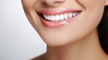Fototapeta premium Beautiful healthy white smile on a white background, close-up photo of a young woman's face. Image for a dental clinic with copyspace.