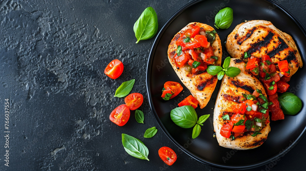 Wall mural Grilled chicken breast with fresh tomato salsa on black plate . Generative Ai - Wall murals