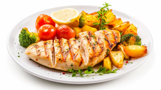 grilled chicken fillet with side dish of baked vegetables. Generative Ai