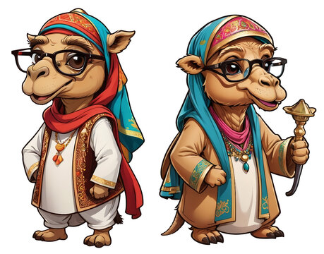 two cartoon camels dressed in clothes and glasses, character illustrations, muslim, wearing Arabic clothes
