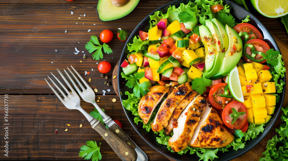 Wall mural Grilled chicken with side dish salad from avocado, mango, tomato salsa. Generative Ai - Wall murals