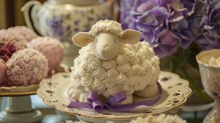 Obraz na płótnie Canvas Easter Lamb Cake with Purple Lavender Ribbon Icing Frosting Adorable
