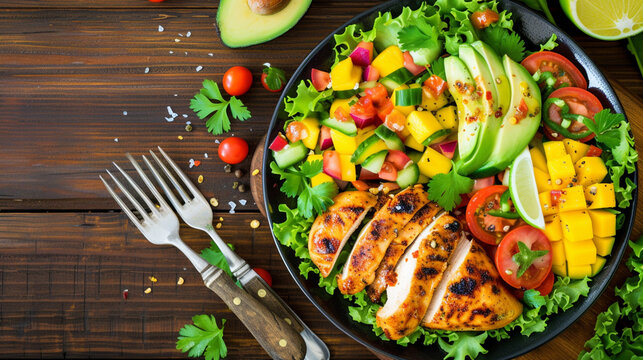 Grilled chicken with side dish salad from avocado, mango, tomato salsa. Generative Ai
