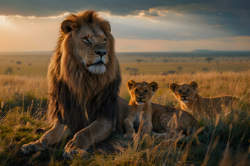 The Majestic Lion Pride: An Intimate Glimpse into the Wild African Savannahs - obrazy, fototapety, plakaty