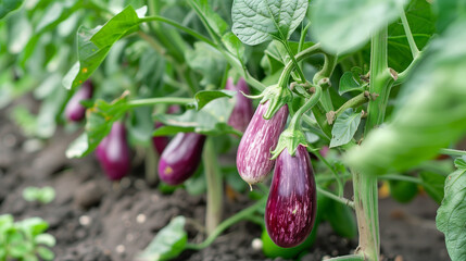 Eggplant growing in a garden bed in vegetable garden
