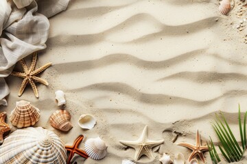 Various seashells on sand with fabric.