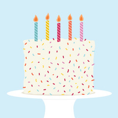 Cute birthday cake with sprinkles on cake stand. Celebration cake in pastel colors with candles. Flat vector style graphic illustration.