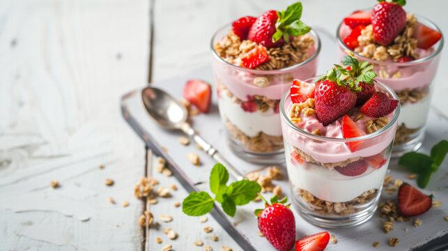 Healthy breakfast of strawberry parfaits made with fresh fruit, yogurt and granola. Generative Ai
