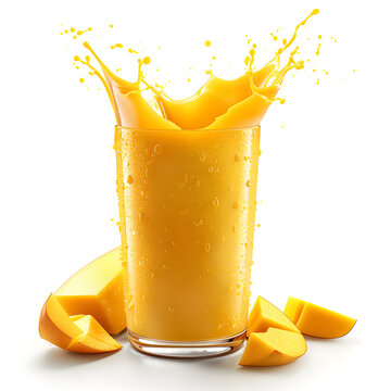 Mango with dynamic mango lasse juice splash on white background, perfect for food and beverage promotion.