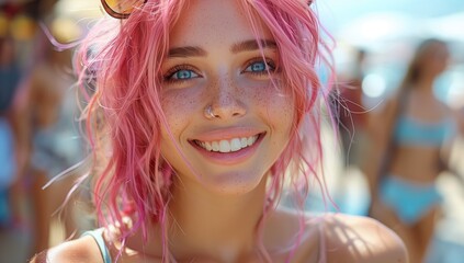 A woman with electric blue layered hair, freckles, and pink wig is happily smiling for the camera during a leisure event, her eyelashes fluttering in a joyful gesture of fun