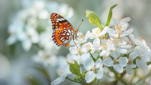This is a photograph of a Fritillary butterfly on a bush with white flowers. The focus of the