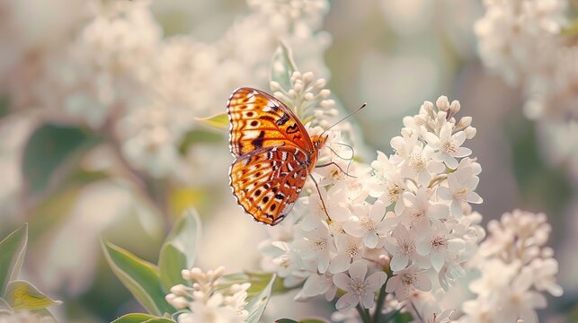 This is a photograph of a Fritillary butterfly on a bush with white flowers. The focus of the
