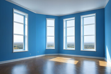 Fototapeta premium Empty blue living room with big windows