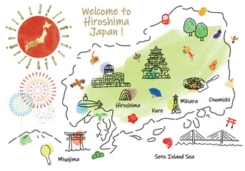 Naklejka premium 広島の観光地のかわいいイラストマップと縁起物