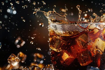 A high-speed capture of a cola splash with ice cubes and bubbles against a dark - obrazy, fototapety, plakaty