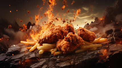 Fried chicken and french fries on the table. 3d rendering
generativa IA