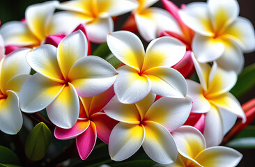 Beautiful bright plumeria flowers blooming in summer. Floral background.