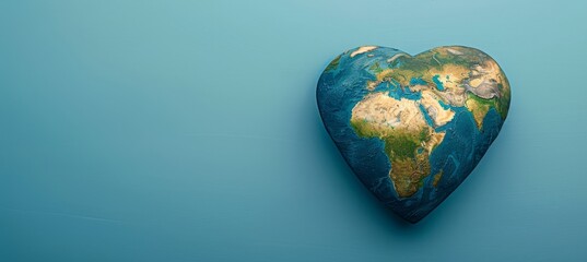 Heart shaped globe on blue background for earth day with space for text, eco friendly concept.