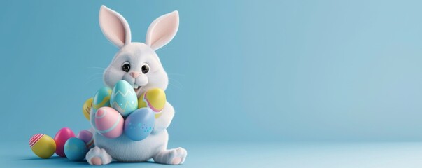 Easter Celebration Banner with Cartoon Bunny and Colorful Eggs. Generative AI.
