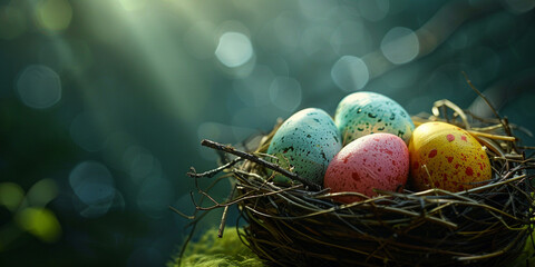 Copy space of a Basket of Colorful Easter Eggs, activity and egg hunt game for children during Holy Week