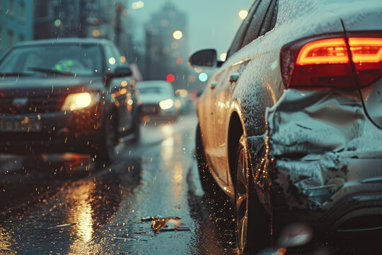 A car with a dent on the rear fender after an accident on a city road in the evening after rain