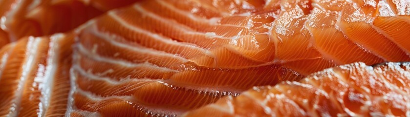 A detailed macro shot of a salmon fillets texture emphasizing the marbling and freshness - obrazy, fototapety, plakaty