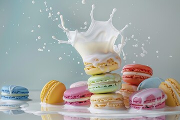 A dynamic splash of milk around a stack of colorful macarons capturing movement and playfulness - obrazy, fototapety, plakaty