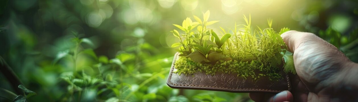 A photo manipulation of a wallet opening to reveal a miniature lush garden inside symbolizing investment in green