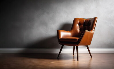 Vintage brown leather chair in 80s style in a dark room against a gray empty wall, copy space.