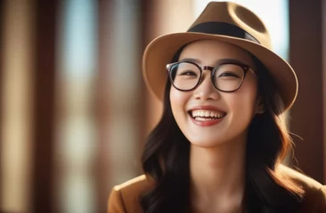 Poster Young Asian woman wearing glasses and a hat, laughing. Close-up portrait © Natalia