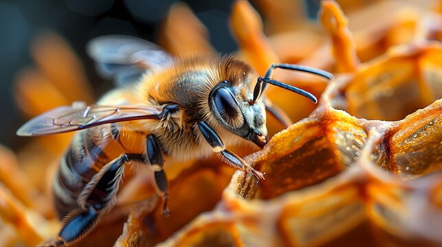 Close up bee with honey comb, macro photography 